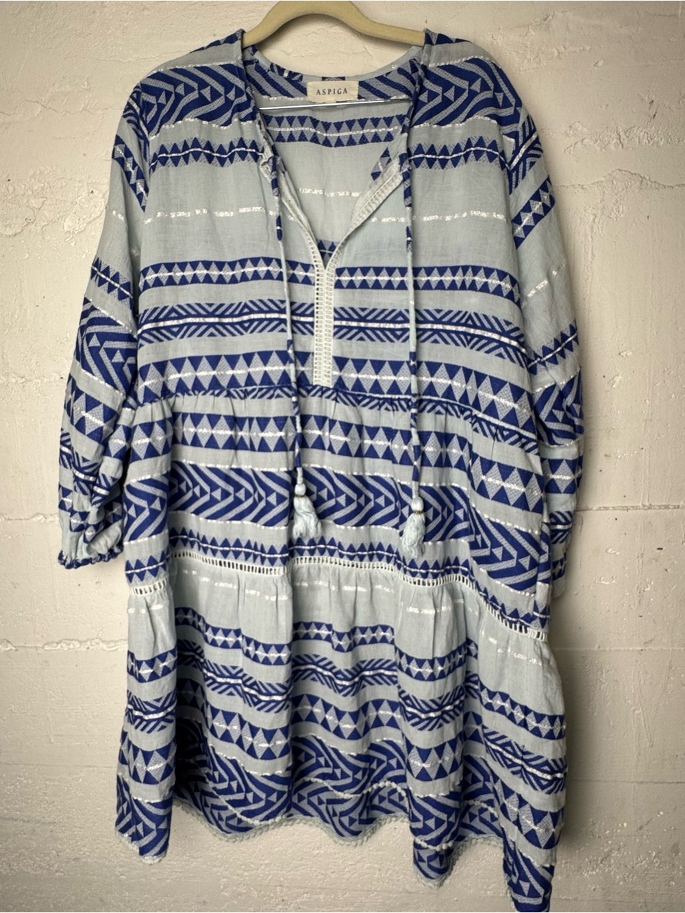 ASPIGA Long Sleeve Cotton Sundress Aztec Greek Geometric Tunic Tassel Large boho
